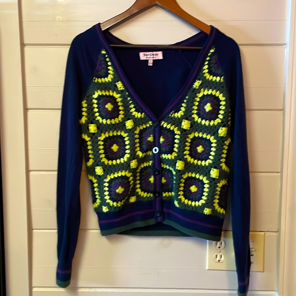 JUICY COUTURE: Granny Square Retro Crochet Cardigan Sweater: Navy Blue: Small